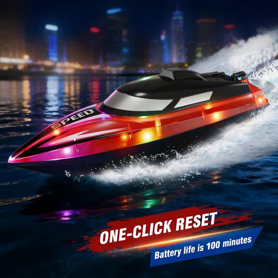 RC boot met LED - Afstandsbediening boot voor zwembad en vijver - 100 minuten speeltijd & 100 meter bereik - Geheel waterdicht met low battery alarm - 2.4Ghz oplaadbaar waterspeelgoed voor kids & volwassenen - Rood