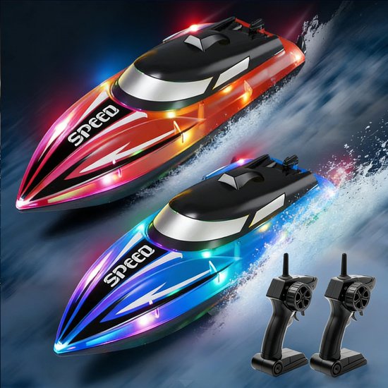 RC boot met LED - Afstandsbediening boot voor zwembad en vijver - 100 minuten speeltijd & 100 meter bereik - Geheel waterdicht met low battery alarm - 2.4Ghz oplaadbaar waterspeelgoed voor kids & volwassenen - Blauw+Rood