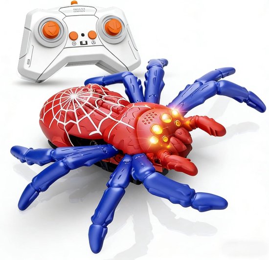 Op afstand bestuurbare muurklimmende spin, oplaadbare RC-muurkruiprobot met hoge snelheid en 360° rotatie, grappig speelgoedcadeau voor jongens en meisjes vanaf 3 jaar (blauw+rood)