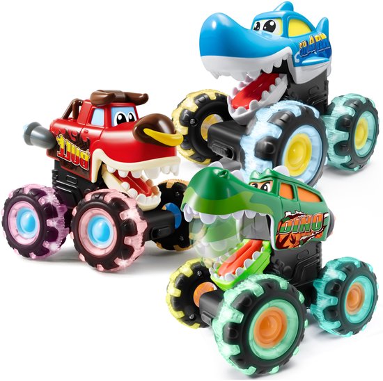 3-delige Monster Truck Speelgoedset - Bewegingsgeactiveerde Lichtgevende Auto's voor Peuters - Monster Glow Rover LED-wielen - Speelgoed voor Babyjongens - Druk-en-rij-trucks voor Jongens - Verjaardagscadeaus