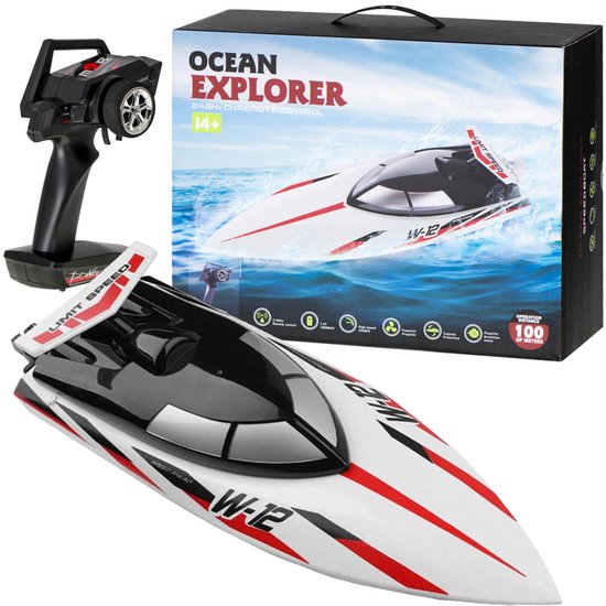 Playos® - RC Speedboot - Wit/Rood - Stabilisatiefunctie - tot 100 Meter - 24 km/u -