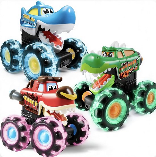 3 stuks Druk & Ga Monstertrucks met LED Verlichte Wielen - Haai, Stier en Dinosaurus Ontwerp - Educatief Speelgoed voor Peuters - Perfect Cadeau voor Jongens en Meisjes