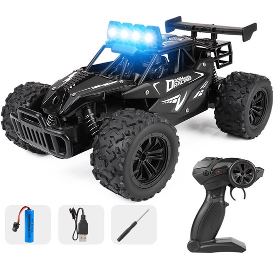 Zwarte RC Monstertruck 1:16 Schaal - 2.4GHz Afstandsbediening Auto met LED Koplampen, Oplaadbaar en Metaal Frame - Speelgoed voor Jongens 6-12+ Jaar