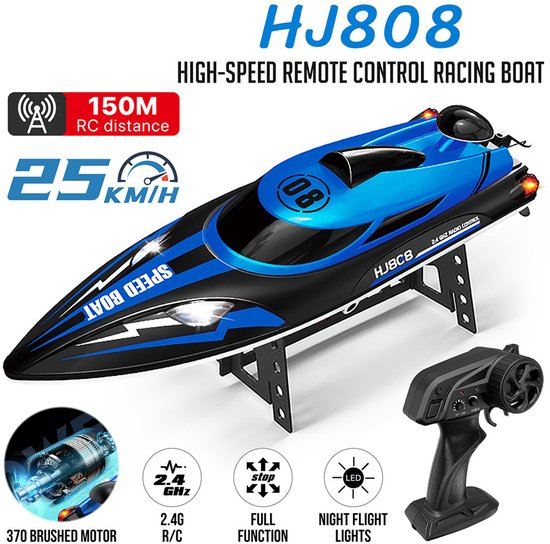 Speed Race Boat HJ808 – Rc boot 2.4GHZ - afstand bestuurbaar Speedboot 25 km/u met LED en zelfherstellende functie - Snelheid verstelbaar