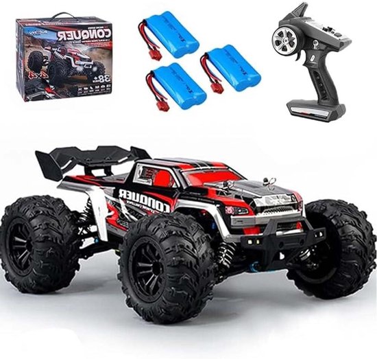 1:16, 50 km/u, op afstand bestuurde auto, 4WD koolborstel, motor, hoge snelheid, RC-auto voor volwassenen, waterdichte monstertruck, 2,4 GHz, All Terrain Offroad, 3 batterijen, rood