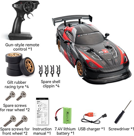 RC Drift Auto 4WD 1:18 Schaal (±27 cm) – Racing Cheetah – 2.4GHz – Verwisselbare Drift & Race Banden – Oplaadbaar
