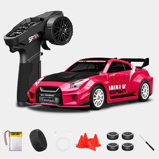 1:43 RC-driftwagen D43-02 - 2,4 GHz, schaalmodel, 4WD, aluminium, 20 km/u, snelle RC-racewagen met gyroscoop, geruisloze lagers, instelbare snelheid en verlichting - felroze