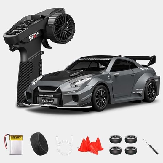 1:43 RC-driftwagen D43-02 - 2,4 GHz, schaalgetrouw, 4WD, aluminium, 20 km/u, snelle RC-auto met gyroscoop, geruisarme lagers, instelbare snelheid en verlichting (Q6/donkergrijs/D43-02)