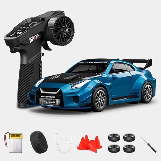 1:43 RC-driftwagen D43-02 - 2,4 GHz, schaalgetrouw, 4WD, aluminium, 20 km/u, snelle RC-auto met gyroscoop, geruisloze lagers, instelbare snelheid en verlichting (Q8/metaalblauw/D43-02)
