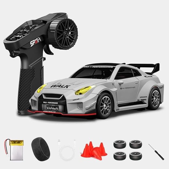 1:43 RC-driftwagen D43-02 - 2,4 GHz, schaalmodel, 4WD, aluminium, 20 km/u, snelle RC-raceauto met gyroscoop, geruisloze lagers, instelbare snelheid en verlichting (Q10/grijs/D43-02)