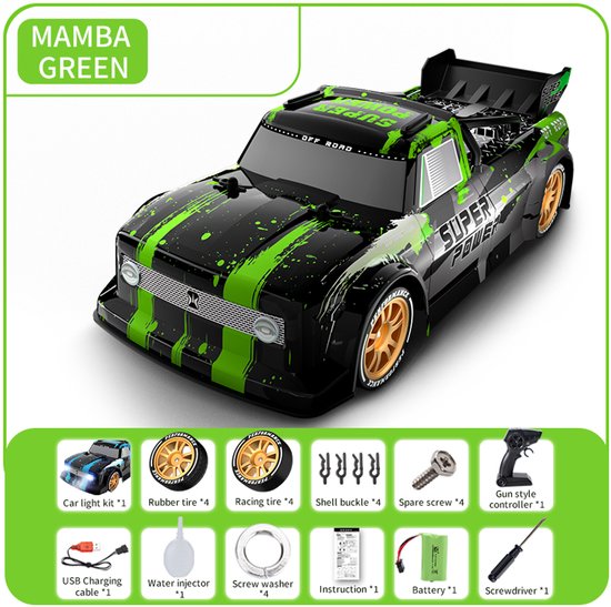 RC Drift Truck 4WD 1:12 Schaal (±32–34 cm) – Mamba Green – 2.4GHz – Water Spray Effect – Drift & Race Banden – Oplaadbaar