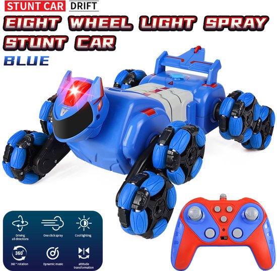 RC Stunt Auto met Rook & LED – 8 Wiel Drift Auto 360° Stunts – Bestuurbare Auto met Muziek & Afstandsbediening – Speelgoed Kinderen