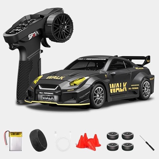 1:43 RC-driftwagen D43-02 - 2,4 GHz, schaalgetrouw, 4WD, aluminium, 20 km/u, snelle RC-auto met gyroscoop, geruisarme lagers, instelbare snelheid en verlichting (Q9/zwart-goud/D43-02)