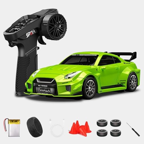 1:43 RC-driftwagen D43-02 - 2,4 GHz, volledig schaalgetrouw, 4WD, aluminium, 20 km/u, snelle RC-raceauto met gyroscoop, geruisloze lagers, instelbare snelheid en verlichting (Q3/appelgroen/D43-02)