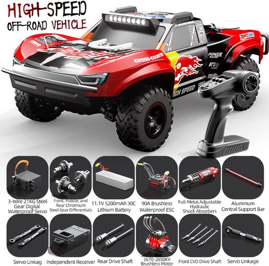 RC Auto 4x4 Off-Road 85 km/u – Brushless Motor, 11.1V Accu, LED Verlichting – Bestuurbare Auto