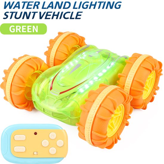 RC Stunt Auto Water & Land – Amphibie Bestuurbare Auto met LED Licht – 360° Flip & Dubbelzijdig Rijden – Speelgoed Auto Kinderen