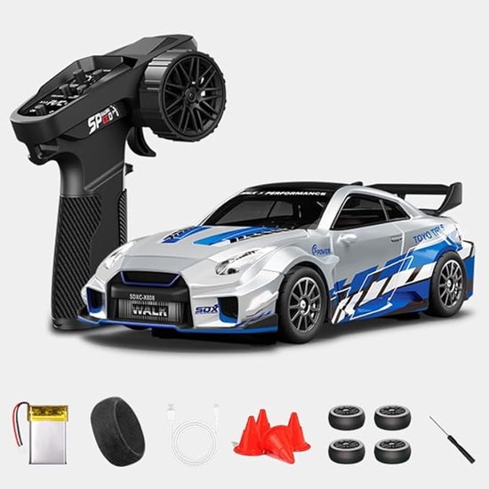 1:43 RC-driftwagen D43-02 - 2,4 GHz, volledig schaalgetrouw, 4WD, aluminium, 20 km/u, snelle RC-raceauto met gyroscoop - geruisloze lagers - instelbare snelheid en verlichting (Q5/zilver met blauw/D43-02)