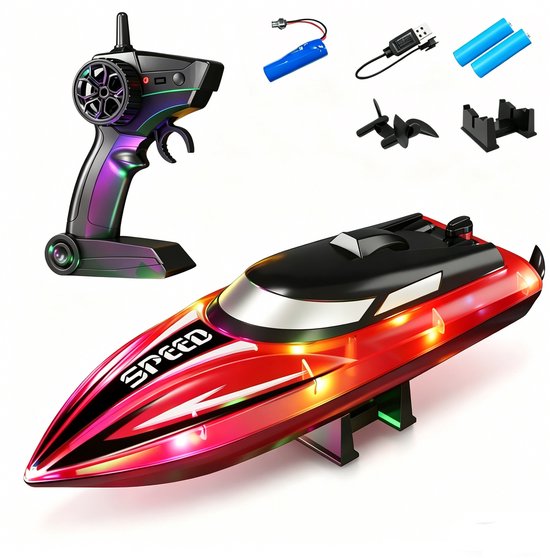 Rood Oplaadbare RC Boot Waterspeelgoed – LED Verlichting & Volledig Waterdicht – 100 Meter Bereik en 100 Minuten Speeltijd – Afstandsbediening Boot voor Jong en Oud