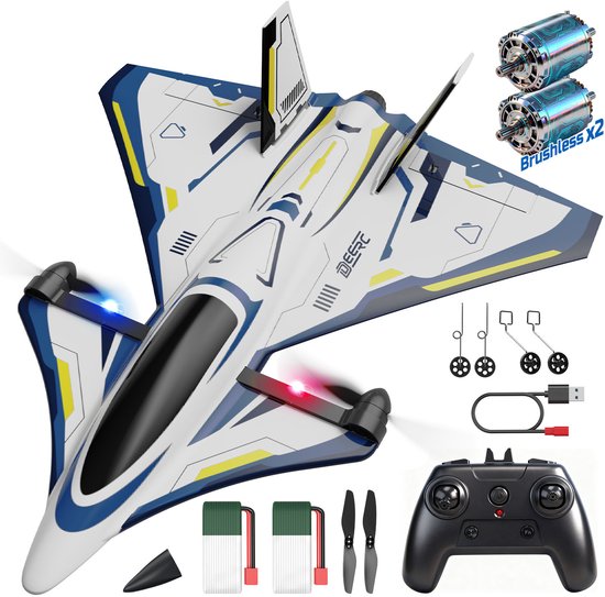 DEERC Z68 RC Vliegtuig - Bestuurbare Straaljager met Borstelloze Motor - 4 Kanaals - Met Stunts & 360° Flips - Inclusief 2 Batterijen - Wit