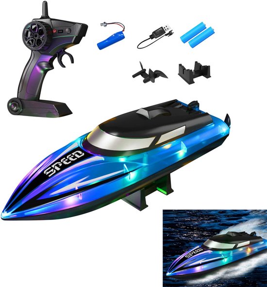 Op afstand bestuurbare boot voor kinderen – RC-boten met LED-verlichting voor zwembad en badkuip – 2,4 GHz RC-raceboten – Volledig waterdicht – Oplaadbare batterijen – Zomers waterspeelgoed – Blauw