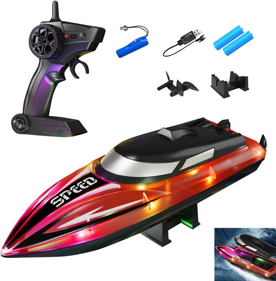 Op afstand bestuurbare boot voor kinderen – RC-boten met LED-verlichting voor zwembad en badkuip – 2,4 GHz RC-raceboten – Volledig waterdicht – Oplaadbare batterijen – Zomers waterspeelgoed – rood