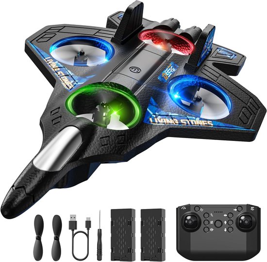 DEERC Radiografisch bestuurbare vliegtuigen, RC Vliegtuigen met verlichting, RC Straaljager voor kindere,blauwn en volwassenen, 360° flip, stuntrol, Drones voor kinderen vanaf 14 jaar, Vliegtuigspeelgoed cadeau voor jongens