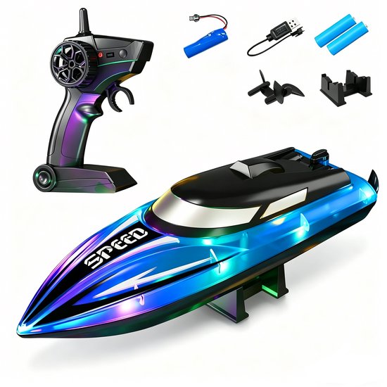 Blauw Oplaadbare RC Boot Waterspeelgoed – LED Verlichting & Volledig Waterdicht – 100 Meter Bereik en 100 Minuten Speeltijd – Afstandsbediening Boot voor Jong en Oud(Batterijen niet inbegrepen).