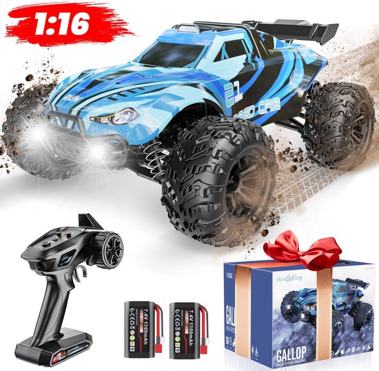 Korffe RC-auto 1:16 – 4WD met Topsnelheid 40 km/u – 2x Accu voor 40+ Min Speeltijd – LED, 80m Bereik, 2,4 GHz – Blauw