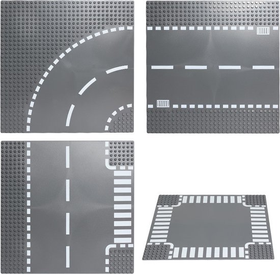BrickSelect.nl wegenplaten voordeel set 4-8-12-16 stuks | City wegenplaat recht - bocht - T-splitsing - kruising | combineer met Lego | grondplaten 32x32 noppen | afmeting 25,5 cm x 25,5cm | wegen | auto's | Geschikt voor LEGO | wegplaat