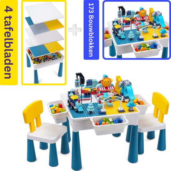 【Ultieme Bouwtafel incl. 173 Blokken】Compatibel met LEGO & DUPLO - Kindertafel met 2 Stoeltjes en 4 Bakjes - Blokkentafel - Speeltafel - Knutseltafel - Zandbak - Waterspeelbak - 2* Bouwplaat voor Grote Bouwstenen Kleine Bouwstenen【WonderMind BA-S002】