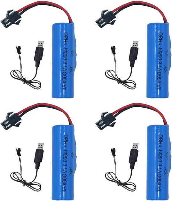 4 Stuks 3.7V 800mAh Lithium Batterij met USB Oplader voor RC Voertuigen, Auto's, Botens en Trucks
