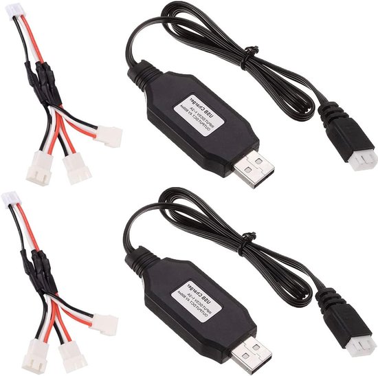 2 Stuks USB Oplaadkabel voor 7.4V 2S LiPo Batterijen - Snelladen, Inclusief 1 Oplaadkabel en 3 Overdrachtkabels voor RC Auto, Vrachtwagen en Drone
