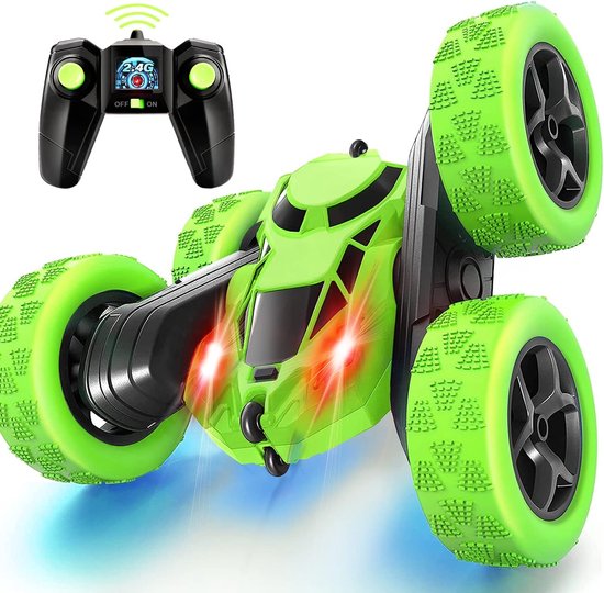 2,4 GHz dubbelzijdige 360° roterende afstandsbediening stuntauto - 4WD off-road driftmodel - 90 minuten batterijduur met koplampen - Cadeau voor jongens van 6-12 jaar - Groen
