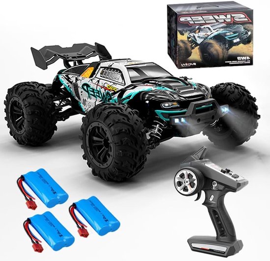 X-Verse 16101PRO 70 km/u op afstand bestuurde auto, borstelloze, 1:16, RC auto, hoge terreinwagen, offroad, raceauto, 4WD waterdichte RC Truggy RC truck voor volwassenen (3 batterijen, blauw)