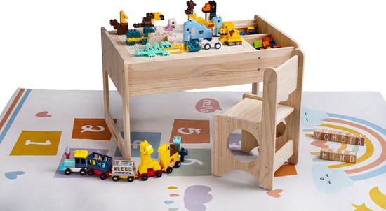 【Premium Massief Houten Bouwtafel Set + Triple Bonus】Compatibel met LEGO & DUPLO - Kindertafel + Stoeltje + Opbergruimte - Blokkentafel - Speeltafel - Knutseltafel - Zandbak - 2* Bouwplaat voor Grote & Kleine Bouwstenen【WonderMind WA-D002】