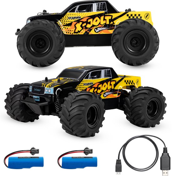 Overmax X-Jolt RC Auto – 20 km/u – Achterwielaandrijving, 2 Accu’s tot 30 min Rijtijd, Vering, Stootbumper, Offroad Banden, Plooibare Snelheidsregeling, Ergonomische Afstandsbediening – Racewagen voor Kinderen & Volwassenen - Bestuurbare Auto