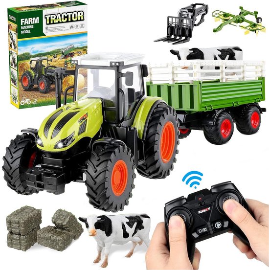 Korody RC Tractor met Afstandsbediening 3-in-1 – Inclusief Aanhanger, Palletvork, Hooihark, Koe & Hooibalen – Oplaadbare Speelgoed Tractor voor Kinderen vanaf 3 Jaar