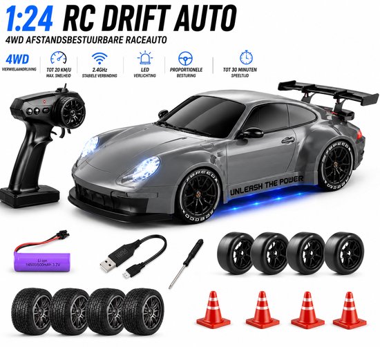 1:24 RC Drift Auto met 4WD – Afstandsbestuurbare Raceauto met LED Verlichting, 2 Bandensets, 20 km/u, 2.4GHz Besturing en Oplaadbare Batterij - Grijs