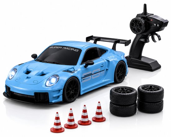 QL RC Drift Auto 1:24 met Blauw Paint – 4WD Race- en Driftwagen inclusief 2 Bandensets en LED Verlichting