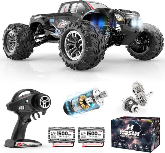 Hosim 1:10 op afstand bestuurde auto, snel met verlichting, RC auto's, offroad, 48+ km/h, Hobby Grade Drift RC Monster Truck met 2 accu's 40 + min speeltijd, voor kinderen en volwassenen (X06, zwart)