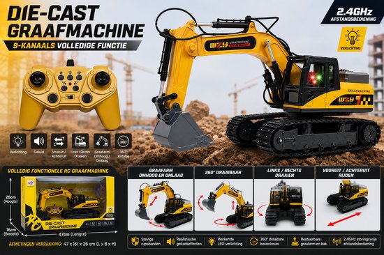 RC Excavator Die-Cast - RC Graafmachine - 12CH - 2.4GHZ - 40CM - Afstand bestuurbaar Graafmachine - Oplaadbaar