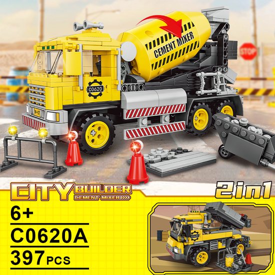 City Builder - Cement Mixer - Bouwpakket - Bouwblokken - Bouwset - Bouwvoertuigen bouwset - Compatibel met Lego bouwstenen - 397 Stuks