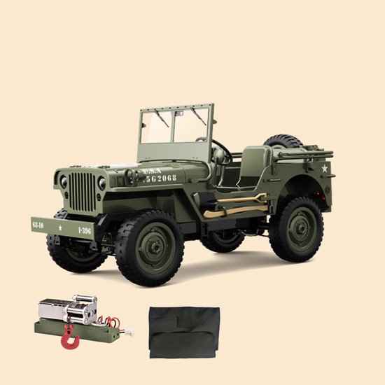 JJRC C8815 RC Auto 1:12 4WD Offroad Militair Model – 2.4G Afstandsbediening, LED Verlichting, 7.4V Li-ion Accu – 6 km/h – Standaard + Dak + Lier