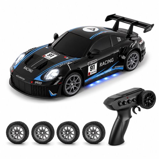 QL RC Drift Auto 1:24 Zwart – Voor snelheid én spectaculaire drifts - RC Car - Bestuurbare Auto - Race Auto met LED und Accessoires - 20km/uur 1:24 Afstandsbediening Driftauto - DRIFTOR
