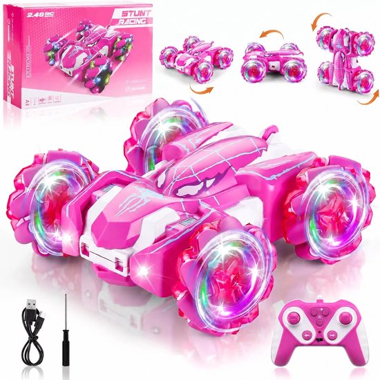 TEKROA® RC Auto met Afstandsbediening - 360° Stunt Monster Truck met LED Verlichting - 2.4GHz Bestuurbare Auto voor Kinderen - Oplaadbaar - Cadeau voor Jongens en Meisjes