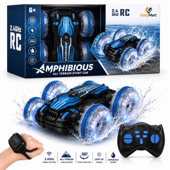 EasyMart RC Stunt Auto Amfibisch Blauw – 2.4GHz – Rijdt op Water & Land – 360° Drifts & Flips – Gesture Control Horloge – LED Wielen – Oplaadbare Accu – Offroad RC Speelgoed 6+
