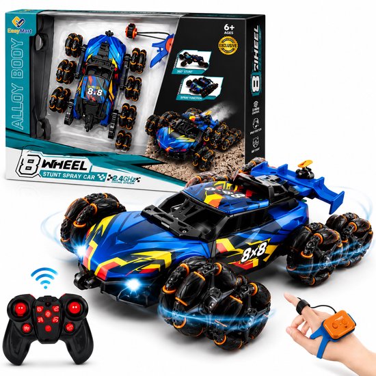 EasyMart RC Stuntauto 8 Wielen Blauw/Zwart – RC Auto met Handgebaarbesturing & 2.4GHz Afstandsbediening – 360° Drift, Flips, LED, Muziek & Spray Effect – Oplaadbaar Speelgoed 6+