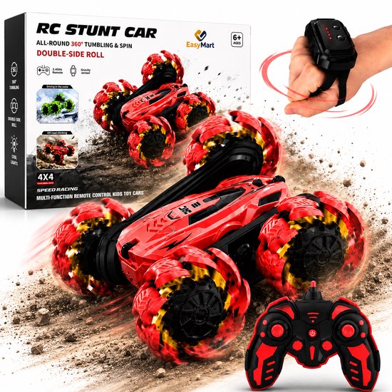 EasyMart RC Stunt Auto Rood – 2.4GHz – 360° Drifts & Flips – Met Afstandsbediening & Gesture Control Horloge – Oplaadbare Batterij – Offroad Speelgoed Auto 6+