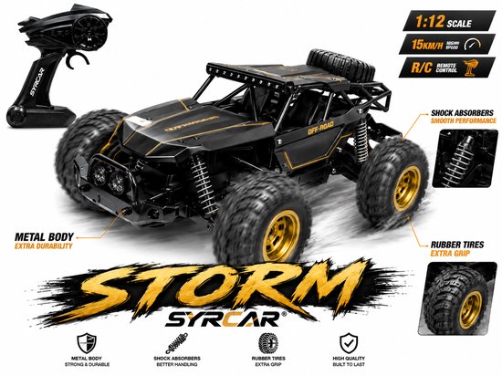 OFF-ROAD RC CAR - Monster STORM Rc Race Auto - 2.4ghz - 15KM/U - Metal Body - 1:12