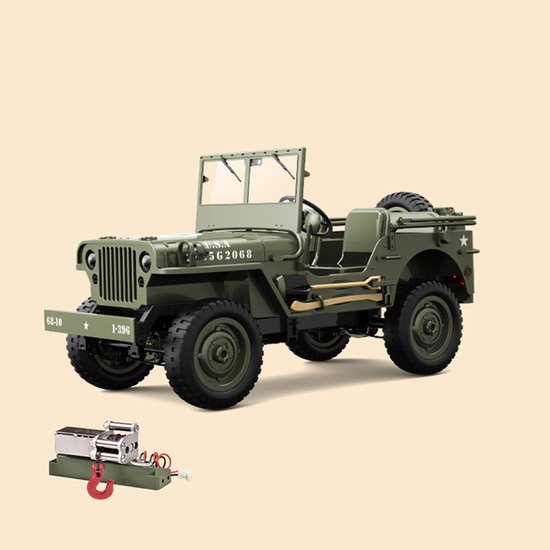 JJRC C8815 RC Auto 1:12 4WD Offroad Militair Model – 2.4G Afstandsbediening, LED Verlichting, 7.4V Li-ion Accu – 6 km/h – Standaard + Lier